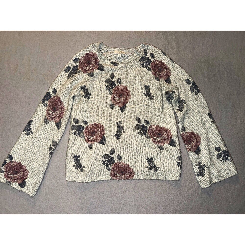 Lucky Brand Women's Gray Floral Knit Crewneck Pullover Sweater Long Sleeve S